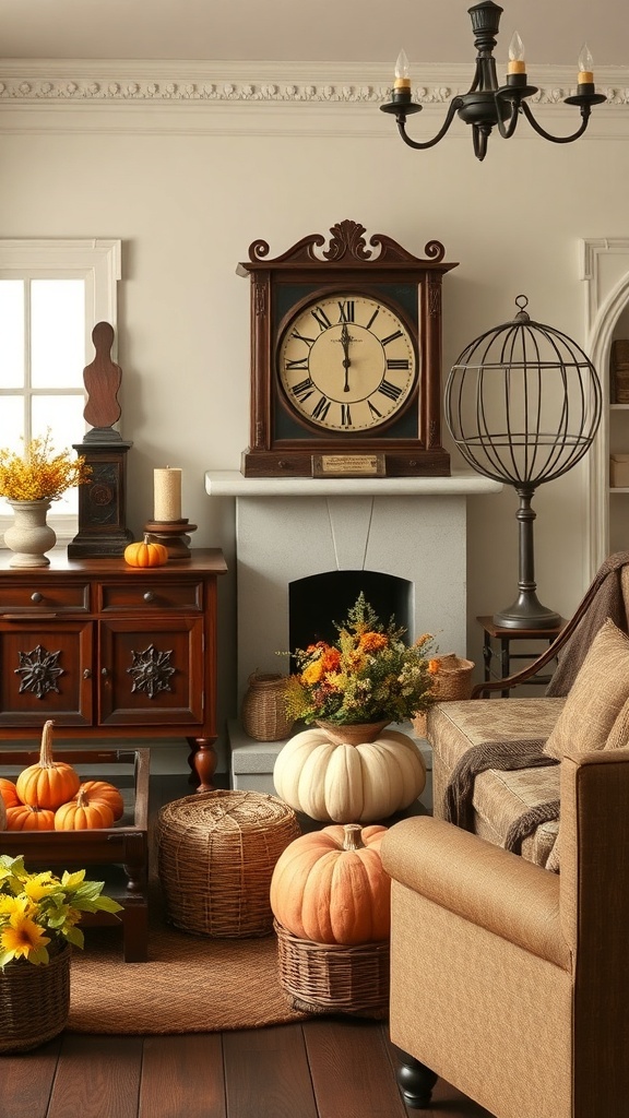 A cozy living room decorated for fall with vintage elements, including an antique clock, pumpkins, and rustic furniture.