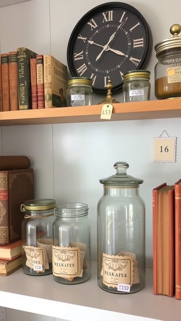A shelf displaying vintage books, glass jars, and a classic clock.