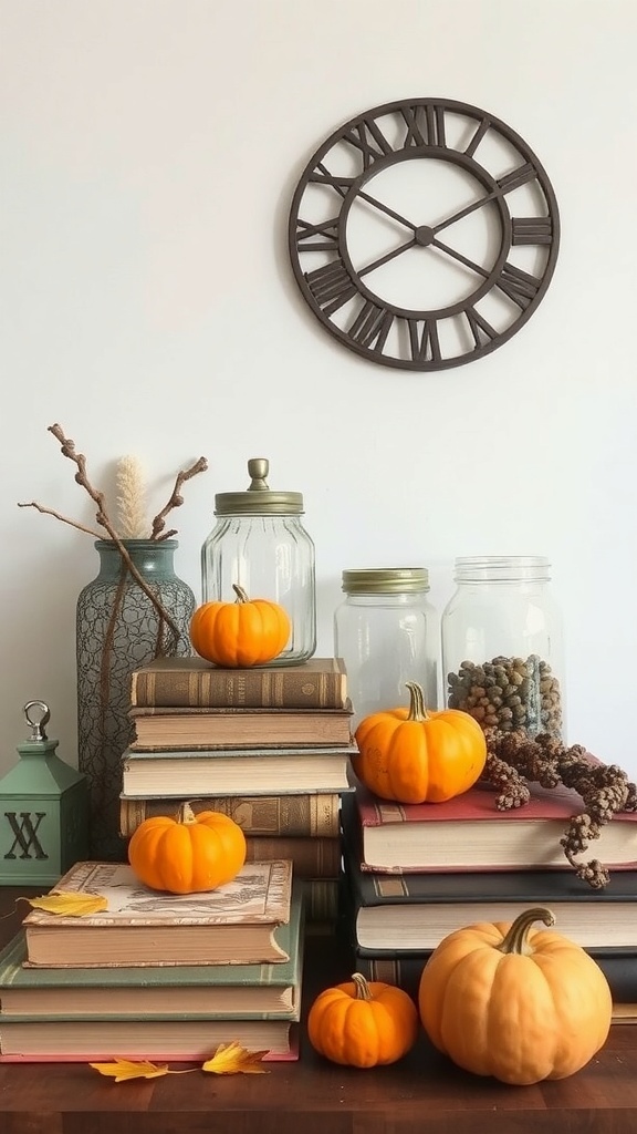 A cozy fall decoration setup featuring stacked vintage books, small pumpkins, glass jars, and a wall clock.