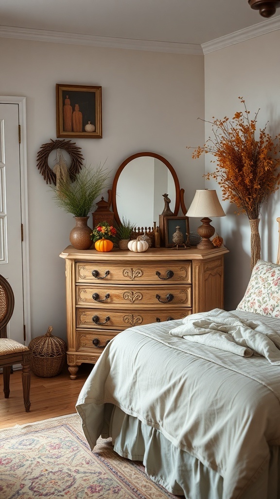 A cozy vintage bedroom decorated for fall with a wooden dresser, pumpkins, and warm colors.