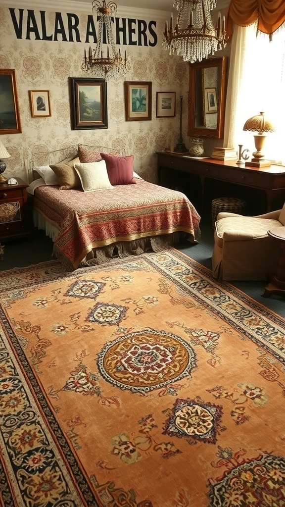 A vintage rug in a beautifully decorated bedroom with a cozy bed and elegant decor.