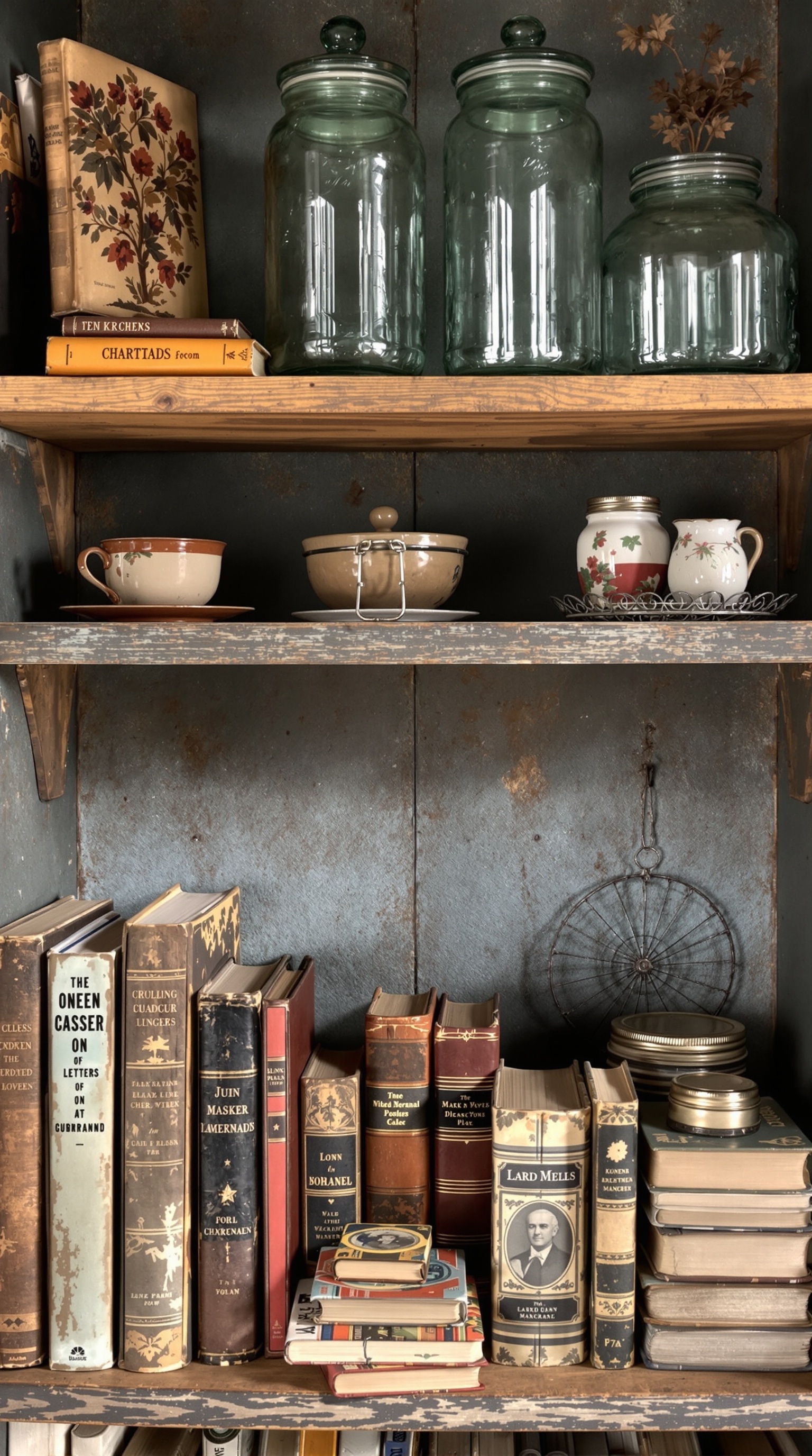 A rustic shelf displaying vintage books, glass jars, and dishware, creating a cozy fall decor vibe.
