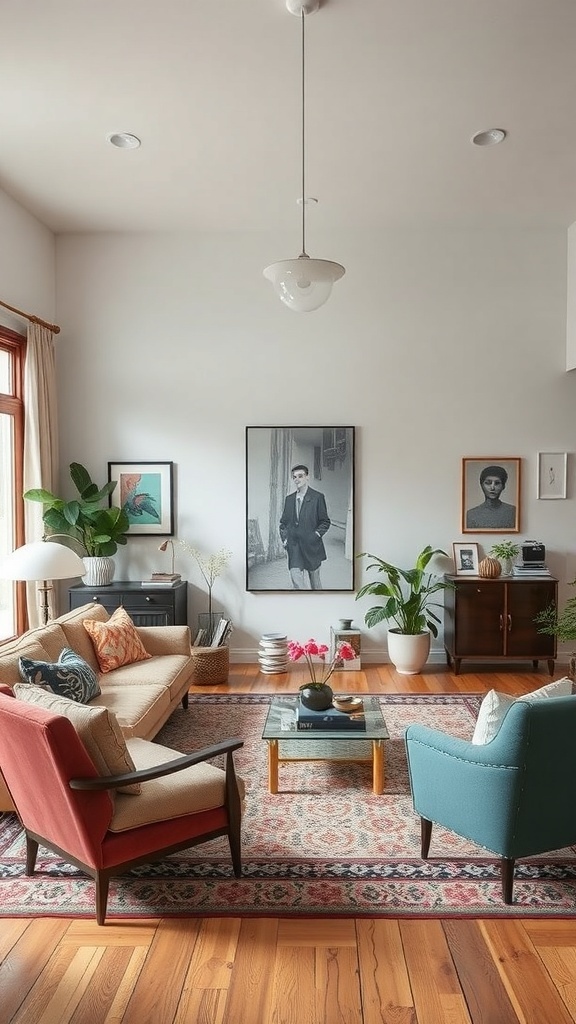 A contemporary living room featuring vintage furniture and decor.