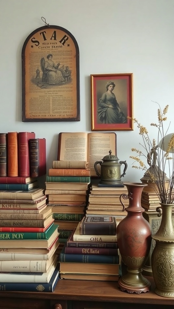 A cozy vintage setup featuring stacked books, decorative vases, and framed art.