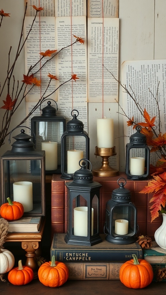 A cozy fall decor scene featuring vintage lanterns, books, pumpkins, and hanging pages.