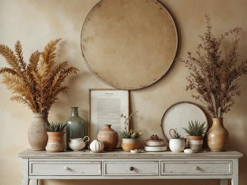 A vintage-inspired decor setup featuring rustic vases, dried plants, and ceramic pots on a wooden table against a warm-toned wall.