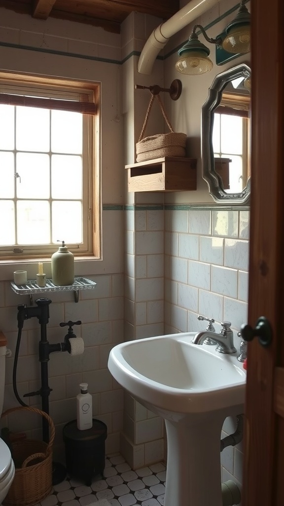 A small rustic bathroom featuring vintage fixtures like a round mirror and a gold faucet.