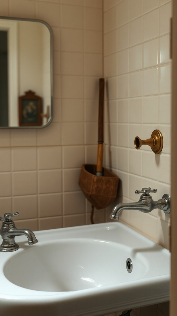 A rustic bathroom sink with vintage fixtures and faucets.