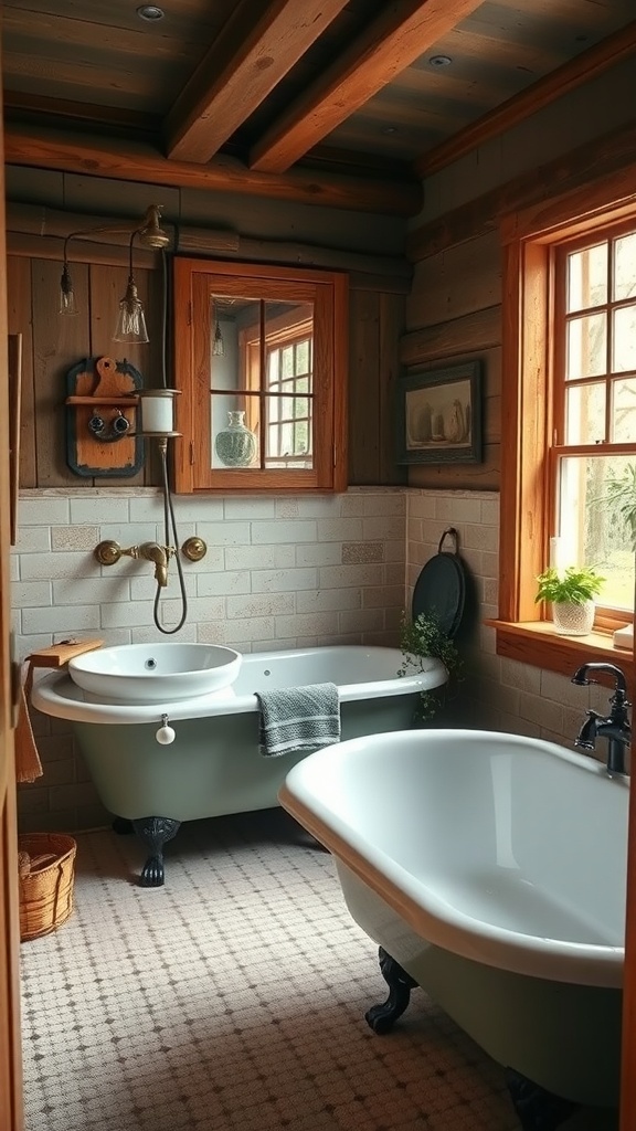 A rustic bathroom featuring a vintage freestanding bathtub, unique faucet, and wooden accents.