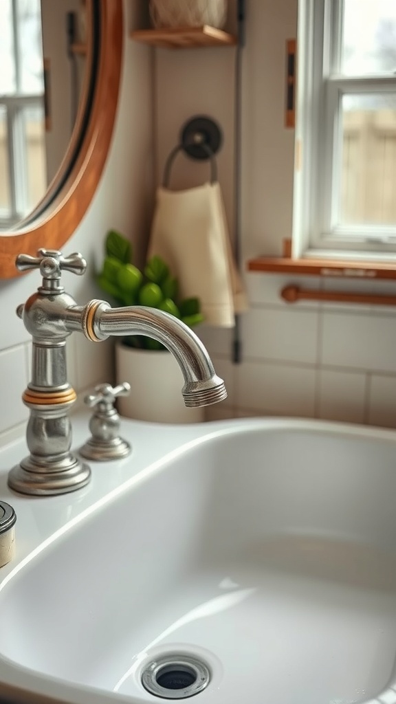 A close-up of a vintage faucet and sink in a rustic bathroom setting.
