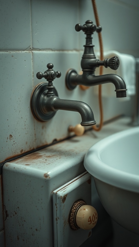 Vintage bathroom fixtures with a rustic design.