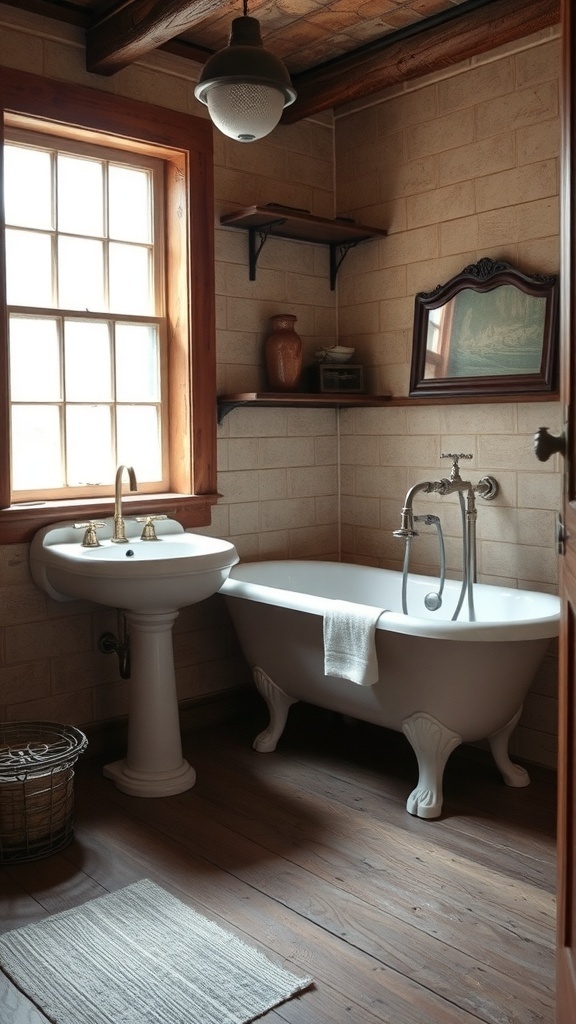 A rustic bathroom featuring vintage fixtures like a clawfoot tub and a pedestal sink.