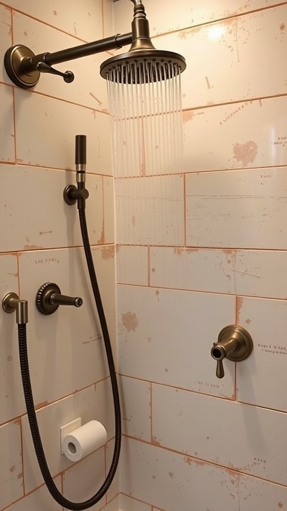 A rustic walk-in shower featuring vintage fixtures with a rain showerhead and a handheld shower.
