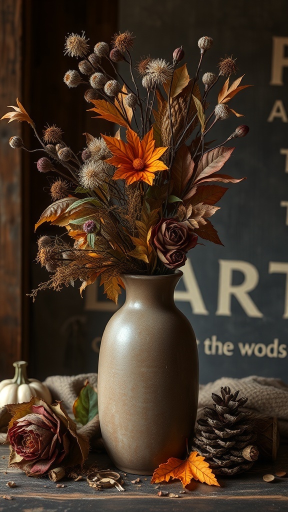 A vintage floral arrangement in a brown vase with autumn leaves and dried flowers.