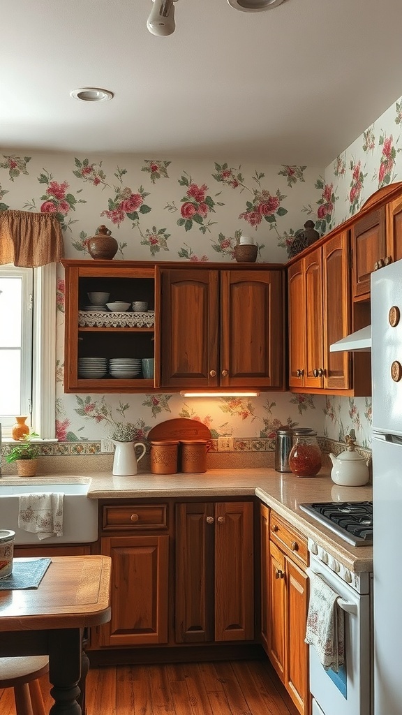 A kitchen featuring vintage floral wallpaper with wooden cabinets and a cozy atmosphere.