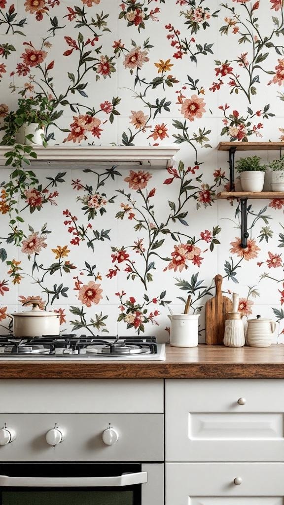 A kitchen with a vintage floral print backsplash featuring red and orange flowers on a white background, complemented by wooden shelves and kitchenware.