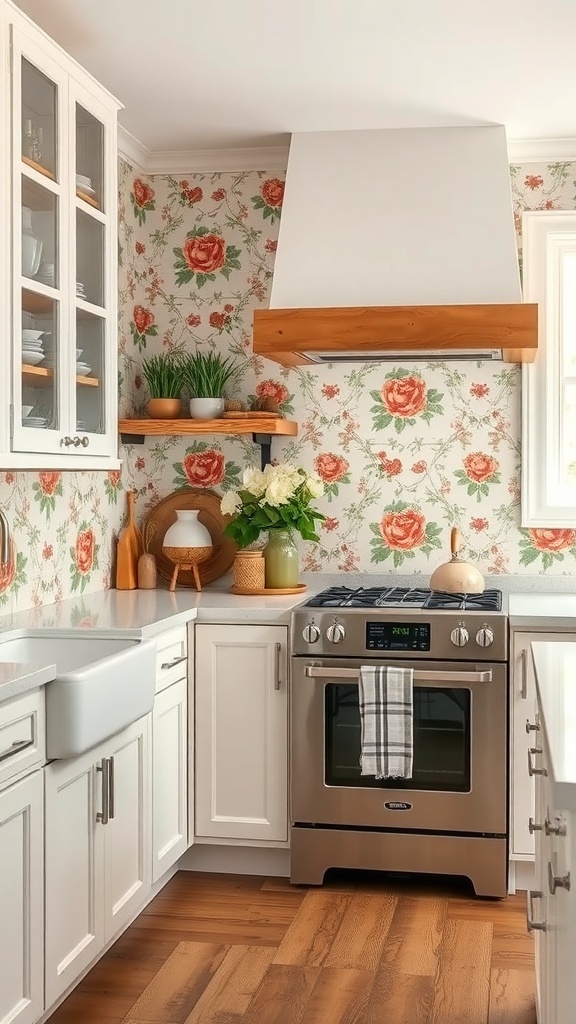 A farmhouse kitchen featuring vintage floral prints on the backsplash.