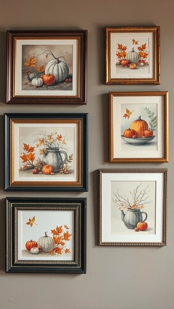 A collection of vintage frames with fall-themed prints featuring pumpkins and autumn leaves.