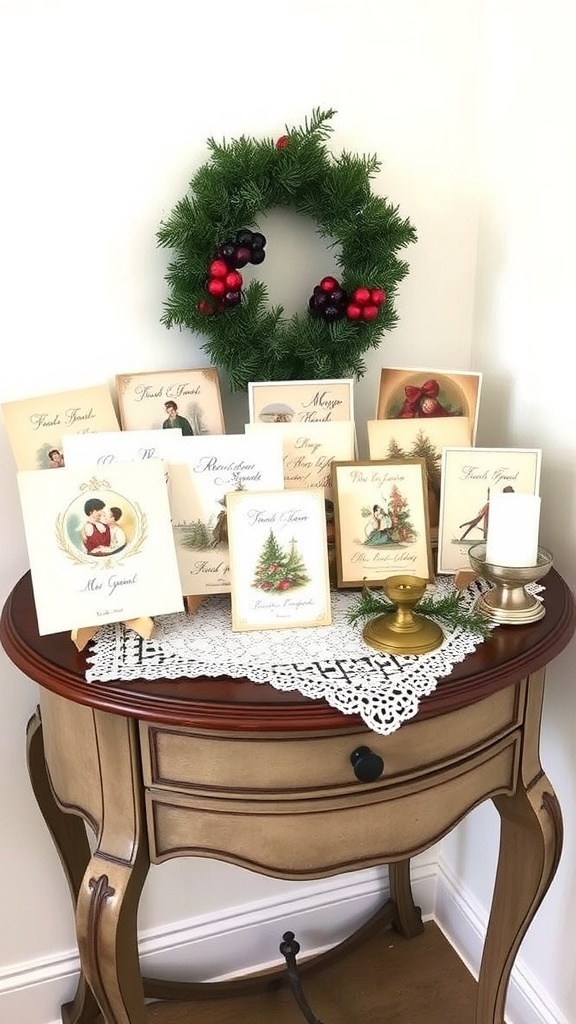 A collection of vintage French Christmas cards displayed on a table with a small Christmas tree.