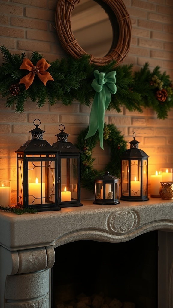 A cozy display of vintage French lanterns on a mantel decorated for Christmas.