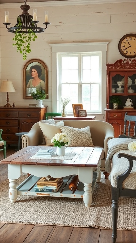 A cozy English cottage living room featuring vintage furniture, including a coffee table and sideboard.