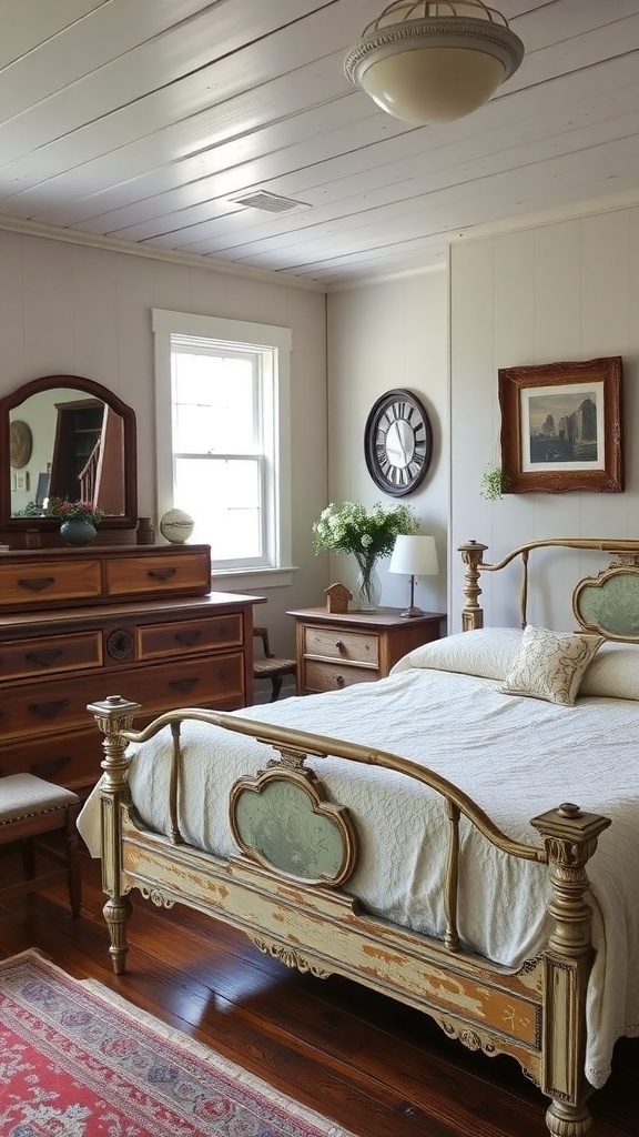 A rustic farmhouse bedroom featuring vintage furniture accents.