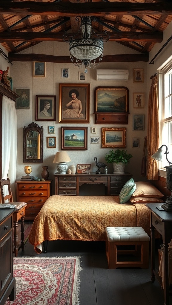 A rustic farmhouse bedroom featuring vintage furniture and antiques, with a warm color palette and various framed artworks on the walls.