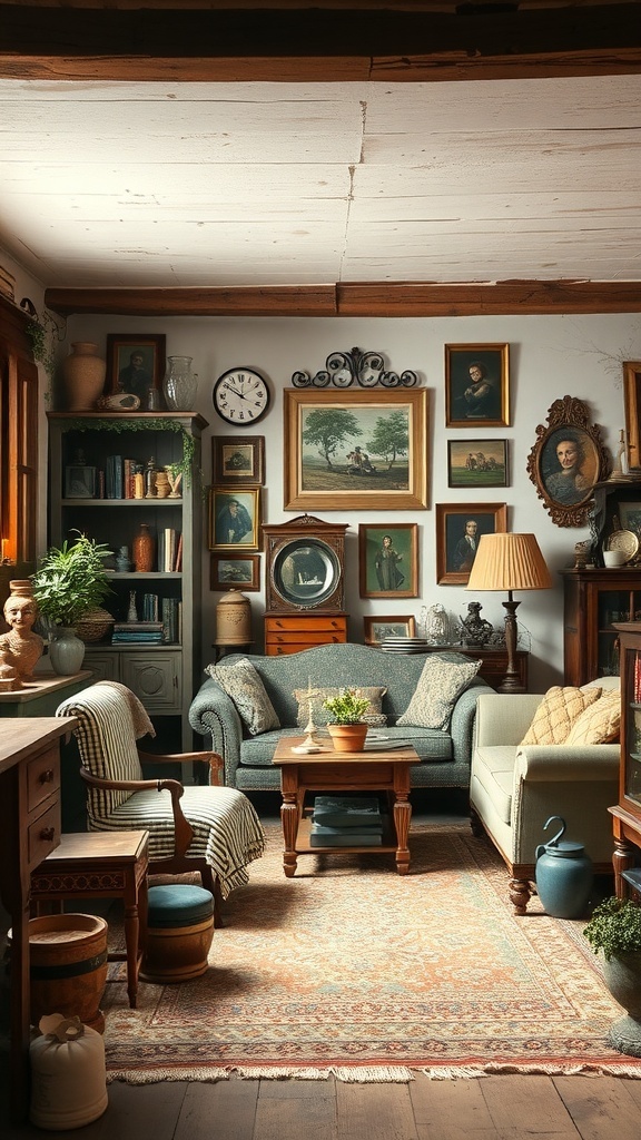 Cozy rustic cottage interior with vintage furniture and antique decor