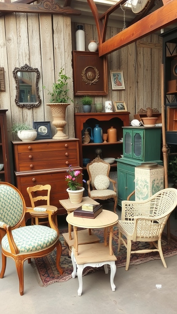 A cozy room filled with vintage furniture, including armchairs, a table, and a decorative wall.