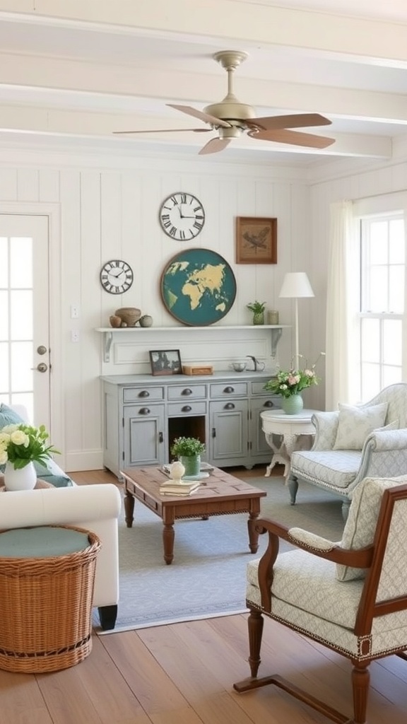 A cozy coastal farmhouse living room featuring vintage furniture, including a weathered coffee table and patterned armchairs.