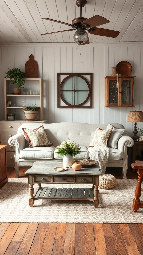 A cozy farmhouse living room with vintage furniture, featuring a light sofa, rustic coffee table, and wooden accents.