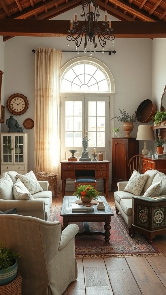 A cozy boho farmhouse living room with vintage furniture, featuring a wooden table, armchairs, and decorative elements.