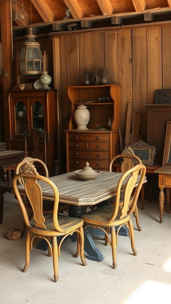 A collection of vintage wooden furniture including a dining table and chairs in a rustic setting.