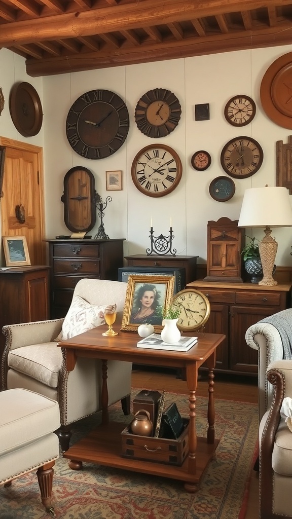 A rustic living room featuring vintage furniture, including a side table, antique chairs, and wall clocks.