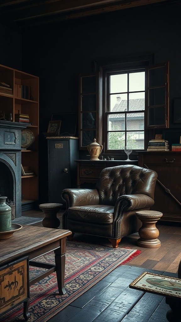 A cozy dark rustic living room featuring vintage furniture, including a leather chair and wooden table.
