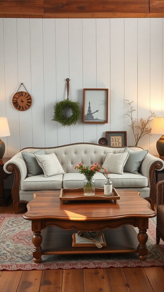 A cozy living room featuring a vintage sofa and coffee table.