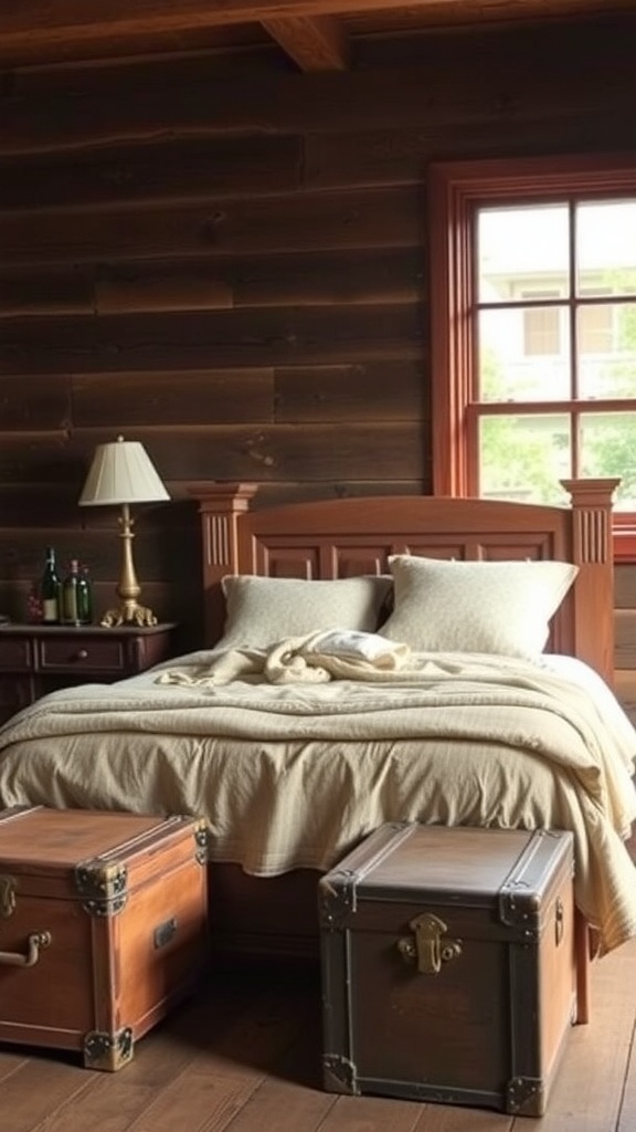 A rustic bed with vintage trunks in a warm wooden room.