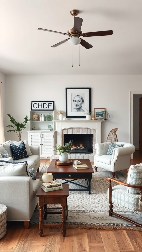 A cozy living room featuring vintage furniture with modern touches, including light-colored sofas, a wooden coffee table, and unique decor.