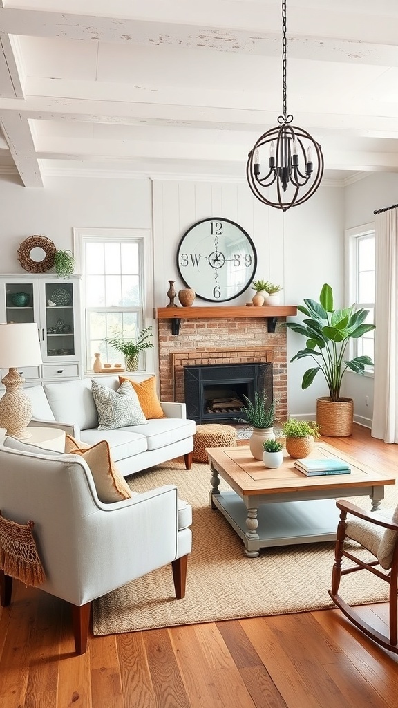 A cozy farmhouse living room featuring vintage furniture and modern decor.