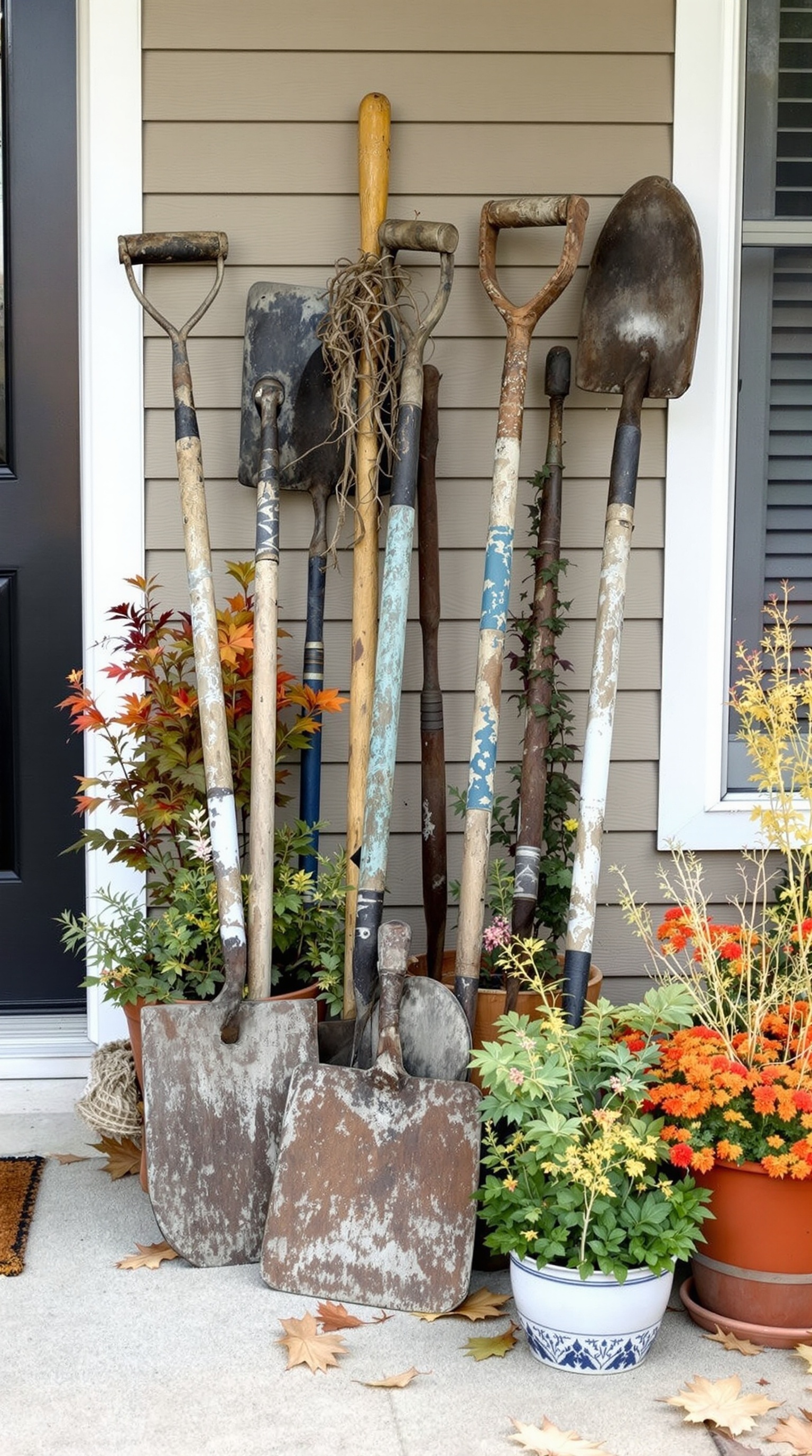 A cozy front porch decorated with vintage garden tools, colorful flowers, and pumpkins for Thanksgiving.
