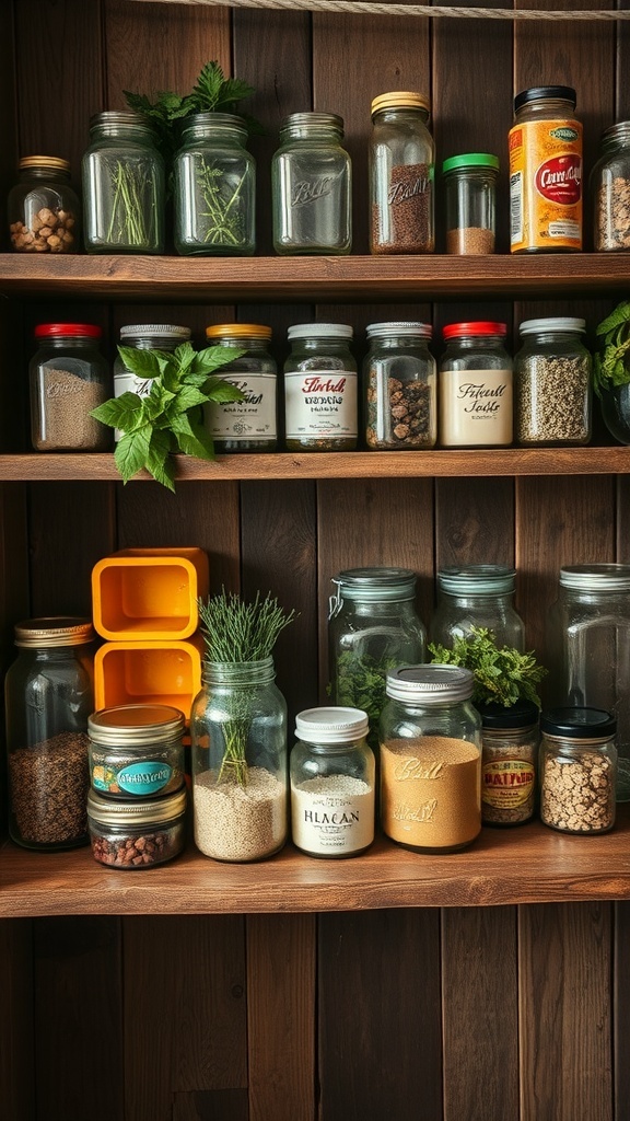 A collection of vintage glass jars filled with various spices and herbs on wooden shelves.