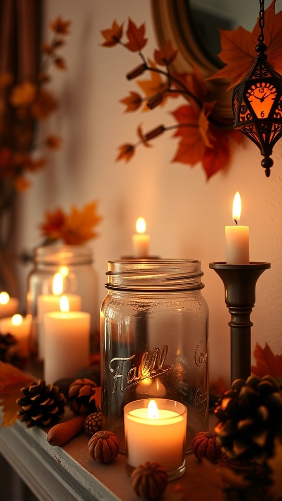 Vintage glass jars with candles surrounded by fall decor including pinecones and pumpkins.