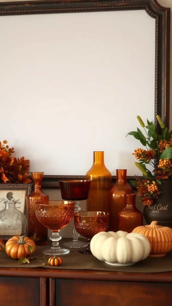 An arrangement of vintage amber glassware, pumpkins, and autumn foliage on a table.