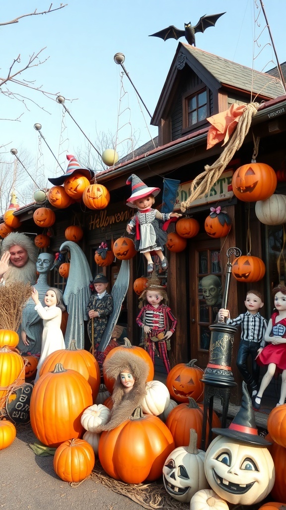 A vintage Halloween display featuring pumpkins, dolls, and spooky decorations.