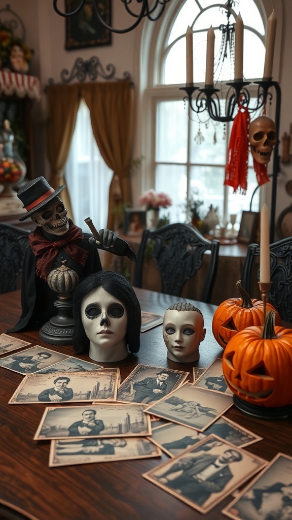 A vintage Halloween dining table with skeleton figure, doll heads, old photographs, and carved pumpkins.