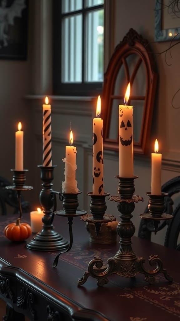 An assortment of vintage Halloween candle holders with lit candles, featuring playful designs and a warm glow.