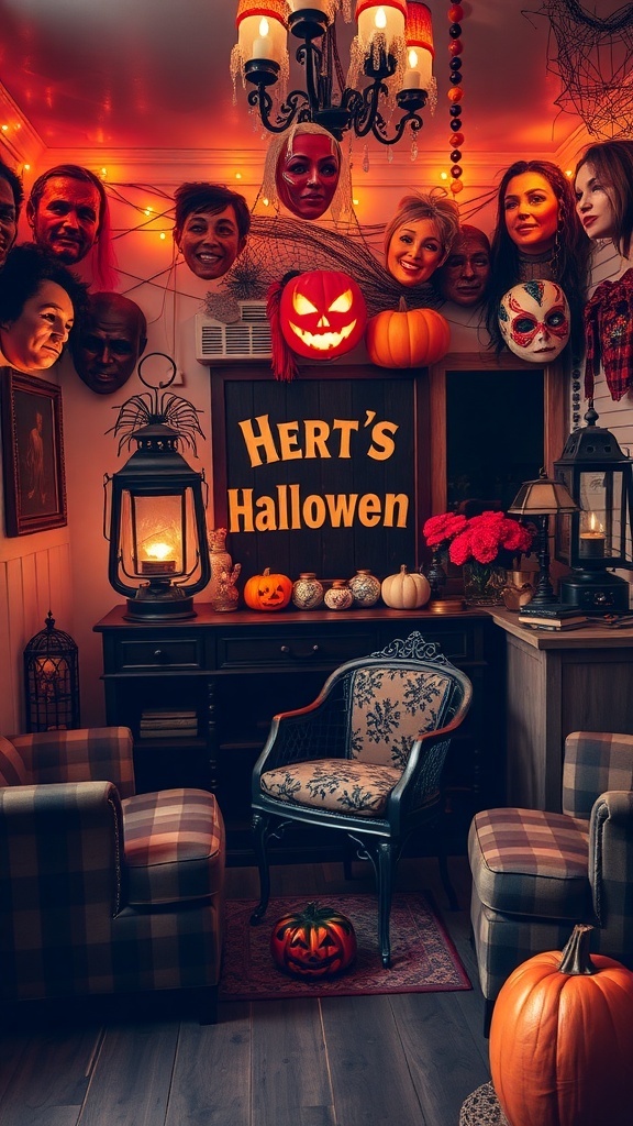 A cozy Halloween-themed room with vintage decor, featuring masks, pumpkins, and warm lighting.