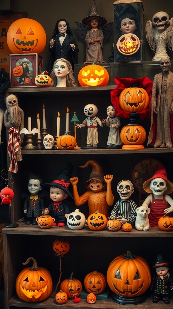 A display of vintage Halloween collectibles including dolls, pumpkins, and spooky figures.