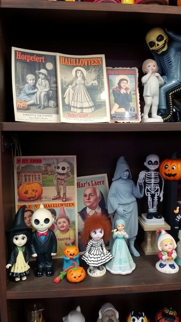 A shelf filled with vintage Halloween collectibles including dolls, postcards, and pumpkins.