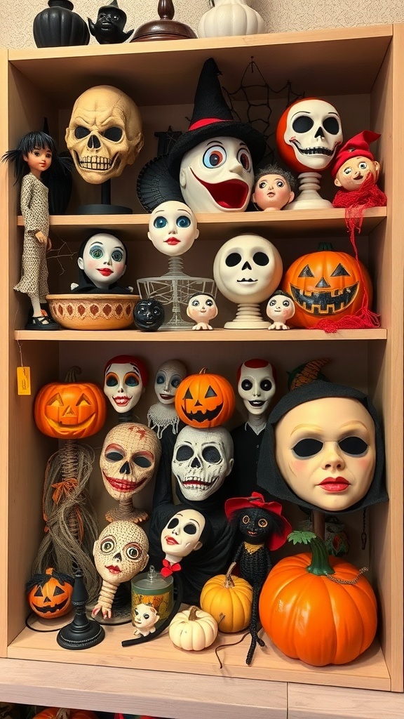 A shelf filled with vintage Halloween collectibles, including dolls, skulls, jack-o'-lanterns, and spooky decorations.